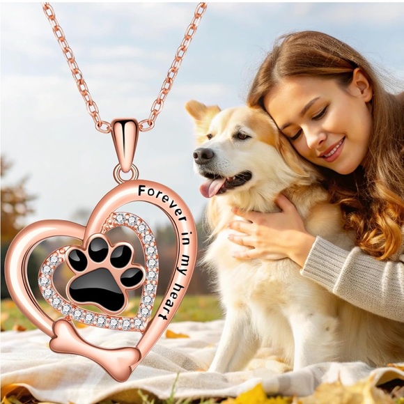 14k Gold Heart Diamond Paw Print Dog Bone Necklace - Picture 3 of 11